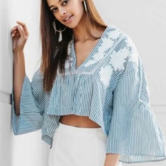 Free People Liya Embroidered Floral Stripe boho blouse top - XS - Picture 4 of 6